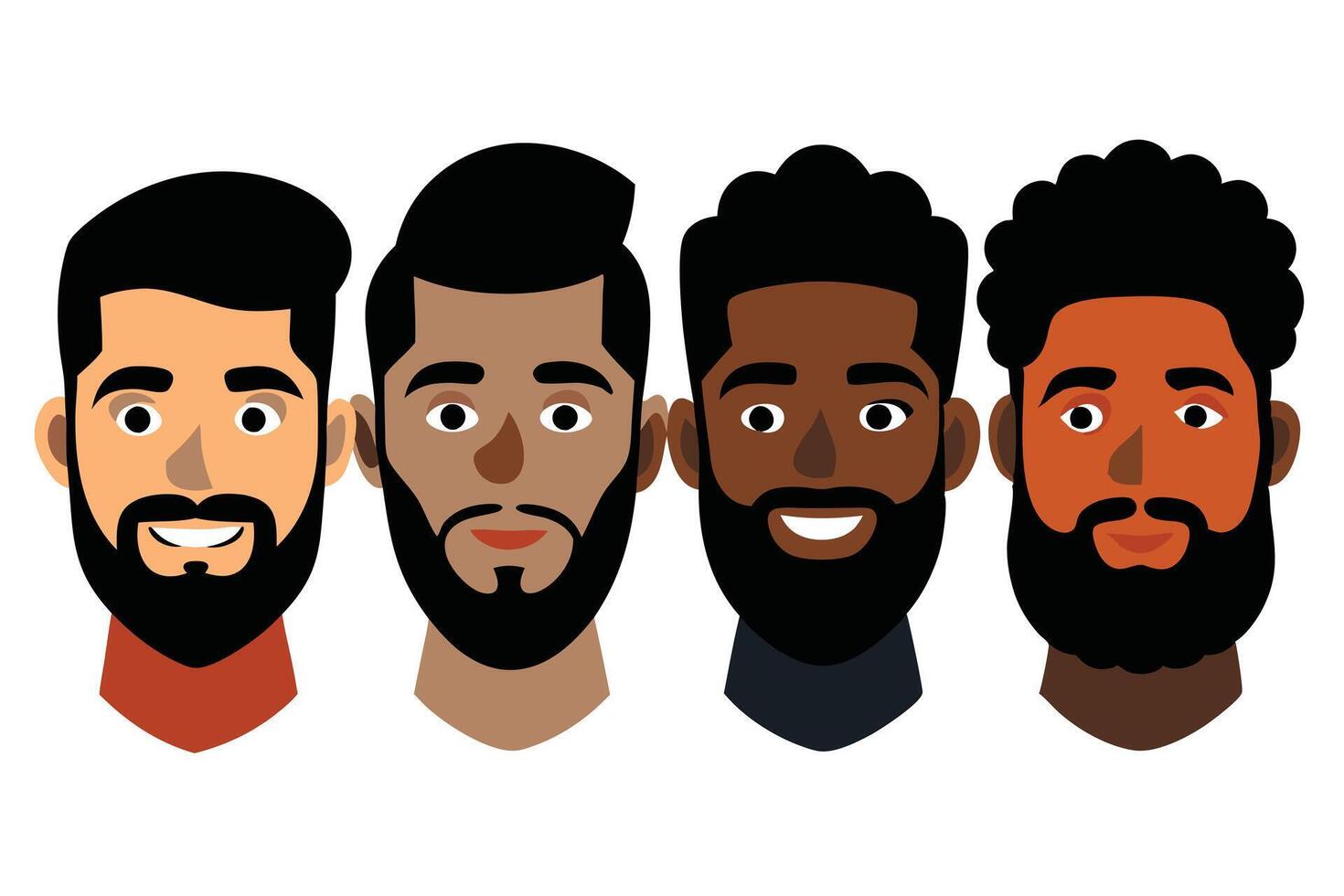 Faces of Diversity Cartoon Bearded Men with Varied Skin Tones on White vector