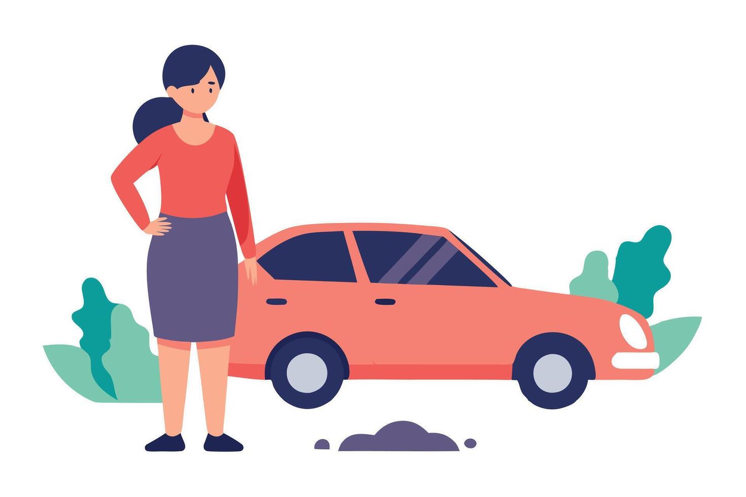 Woman with Coral Car Flat on White, Retro Style Vehicle Design vector