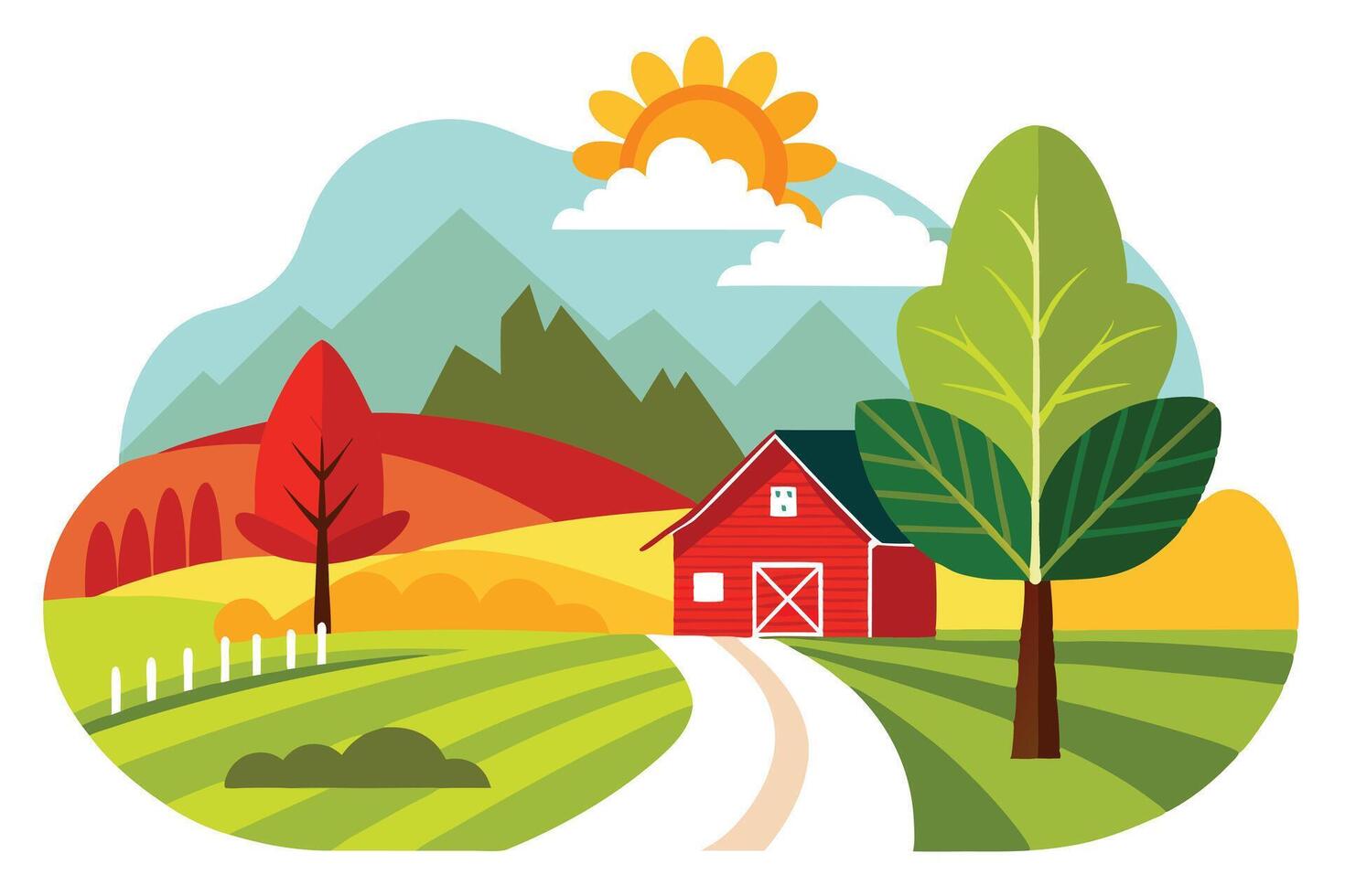 Flat Red Barn, Green Trees, Hills, and Sky with Clouds, Sunny Countryside vector