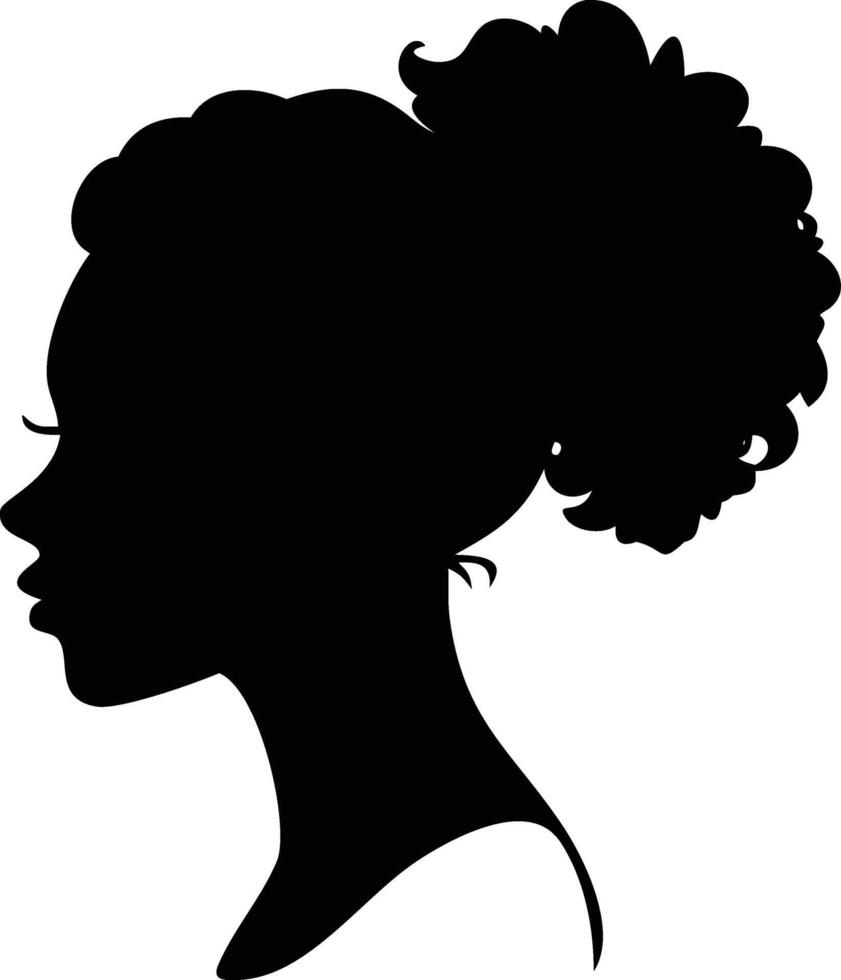 Elegant African American Woman Silhouette with Afro Bun on Transparent vector