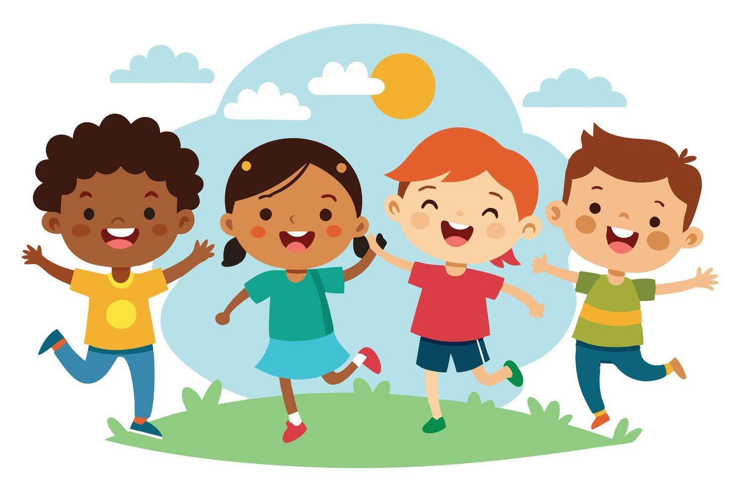 Cheerful Cartoon Multiethnic Children Running, Jumping on Green Field Under Blue Sky vector