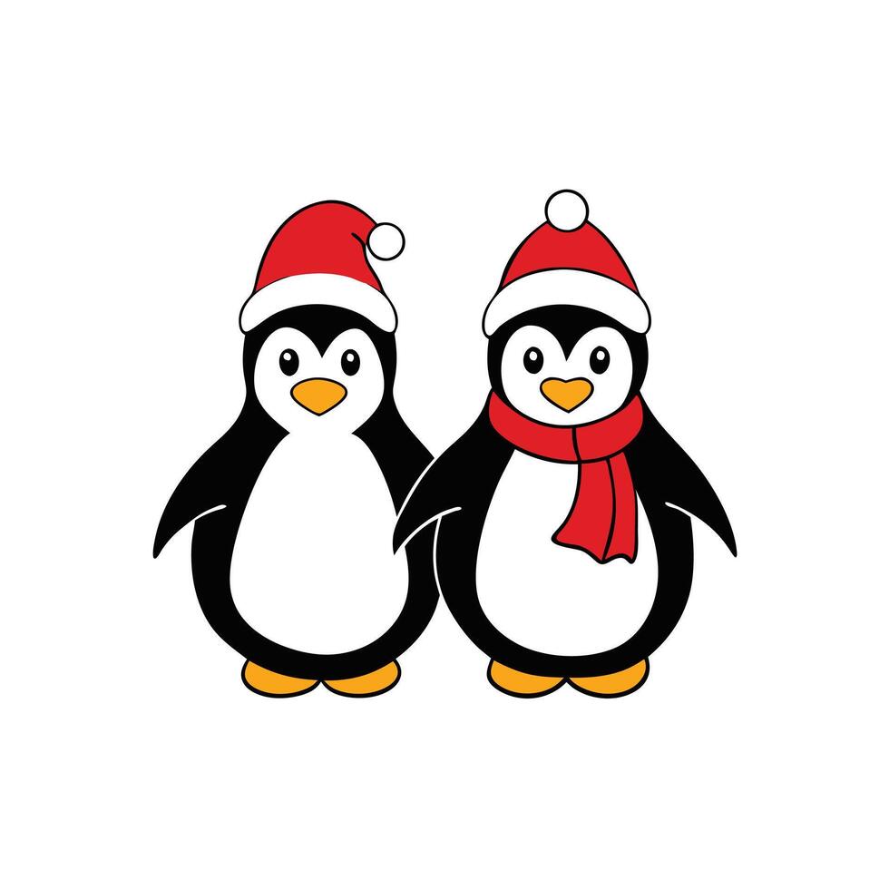 Cartoon Penguins with Red Santa Hats and Scarf on a Transparent Background vector