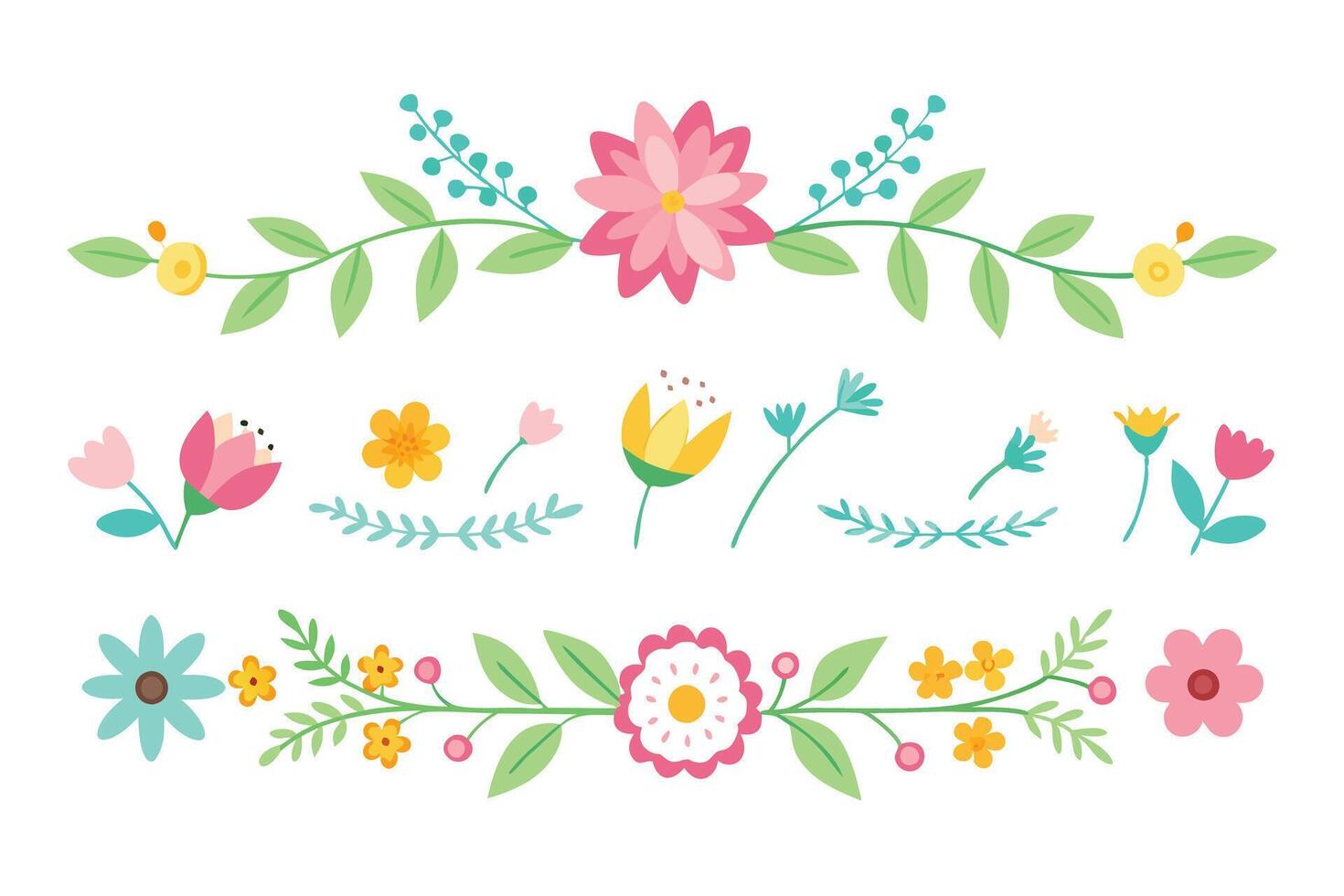 Colorful Floral Elements with Pink, Yellow and Blue Flowers on White vector