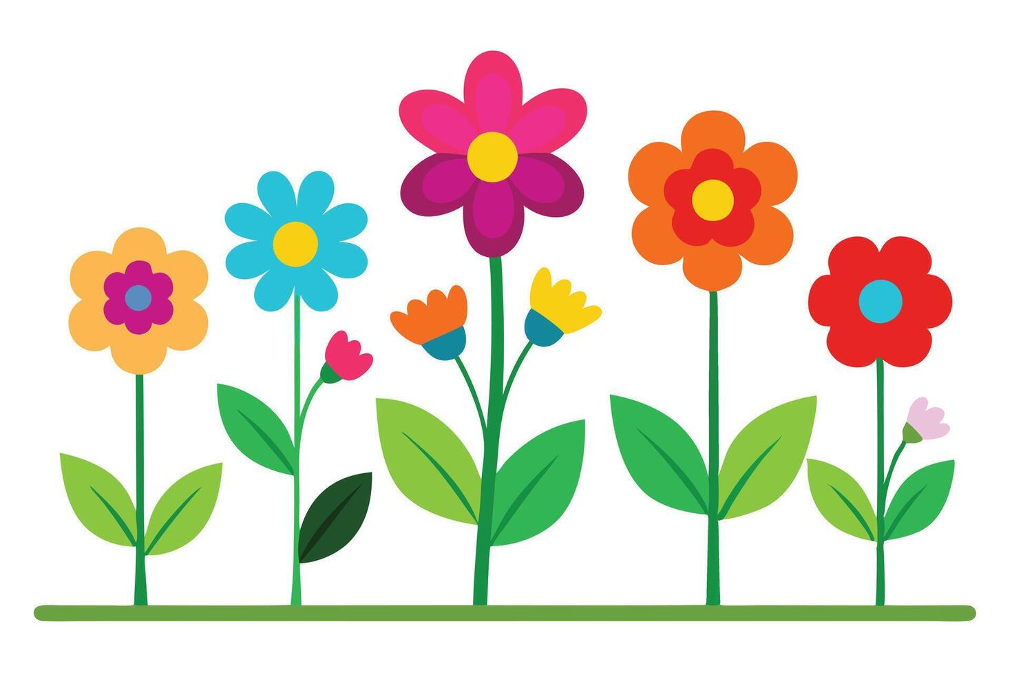 Colorful Flowers with Green Stems and Leaves on White Background vector