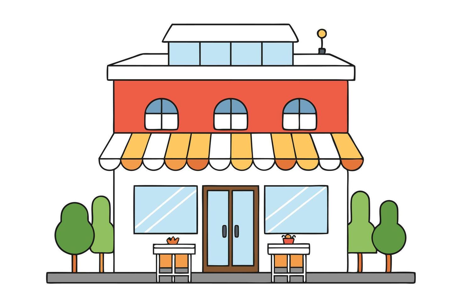 Colorful TwoStory Building with Awning, Trees, Tables, Minimalist Line Art Style vector