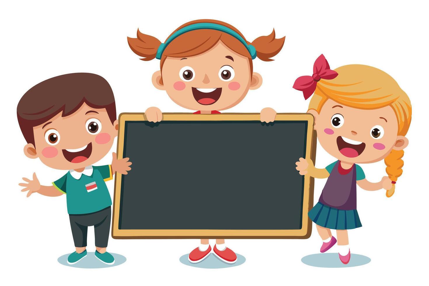 Smiling Kids Holding Blank Chalkboard Cartoon on White Background vector