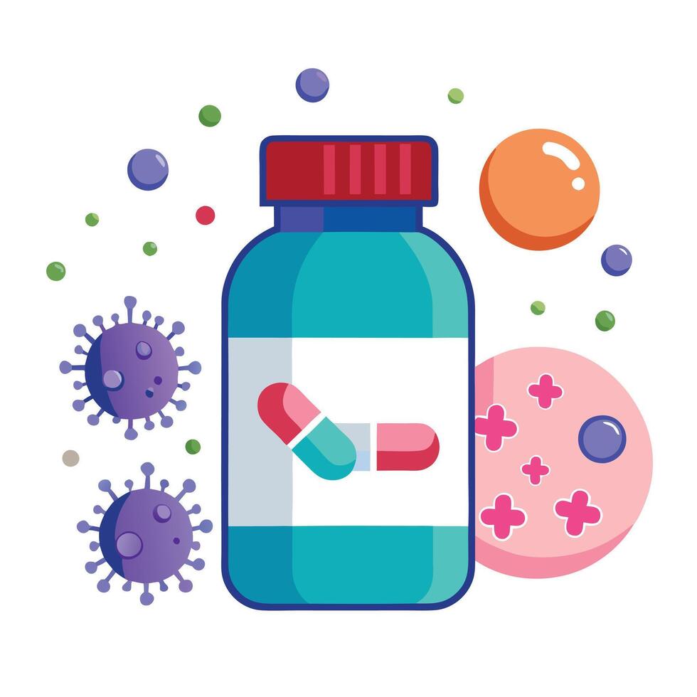 Capsule Pill on Bottle with Red Top and Virus on White Background vector