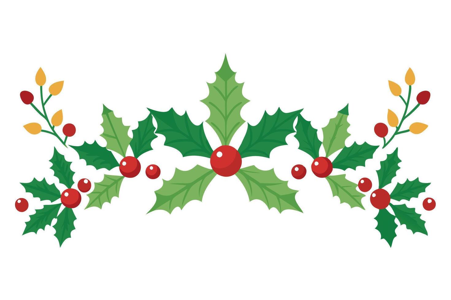 Holly Berry Border Decorative Festive Green Leaves and Red Berries on White vector
