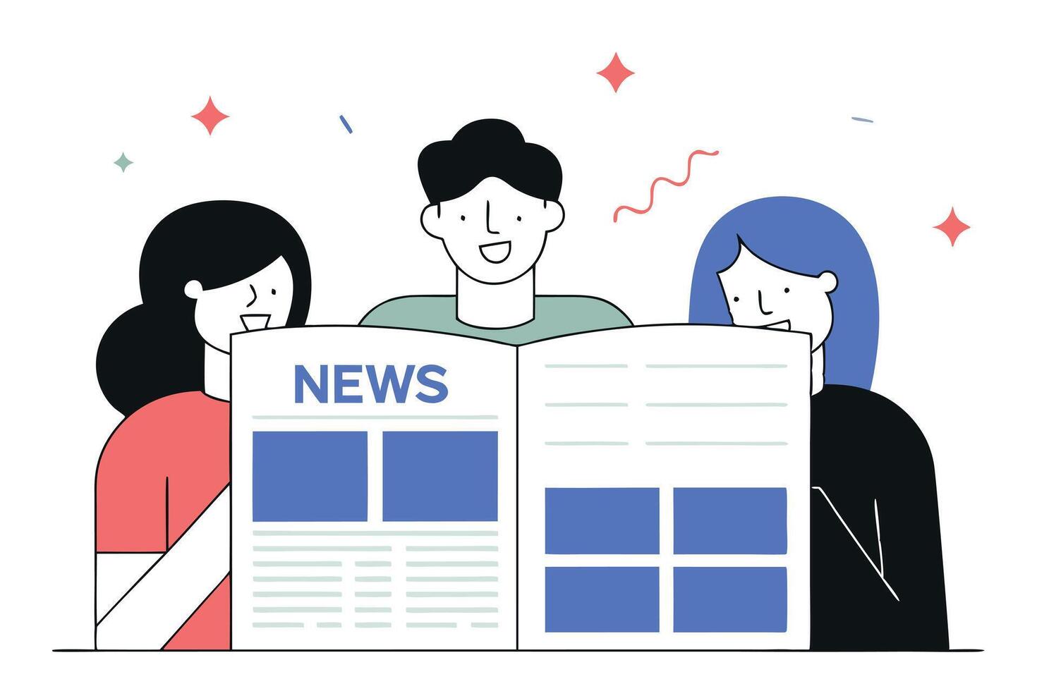 Group Reading Newspaper Together Flat Design. Diverse People News Update White Background vector
