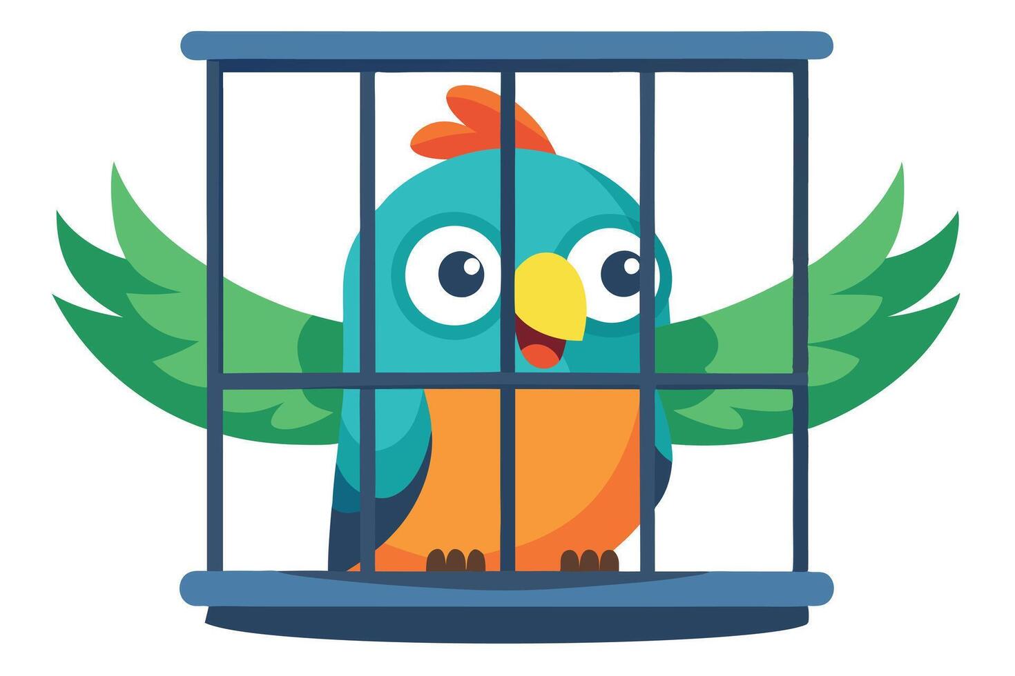 Cartoon Blue Parrot with Green Wings in Blue Cage with Transparent Background vector
