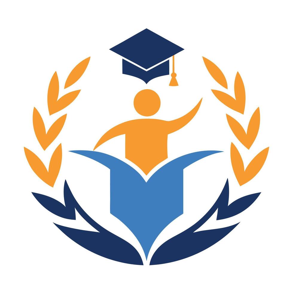 Graduation Cap with Person Reaching from Book Inside Laurel Wreath Symbol vector