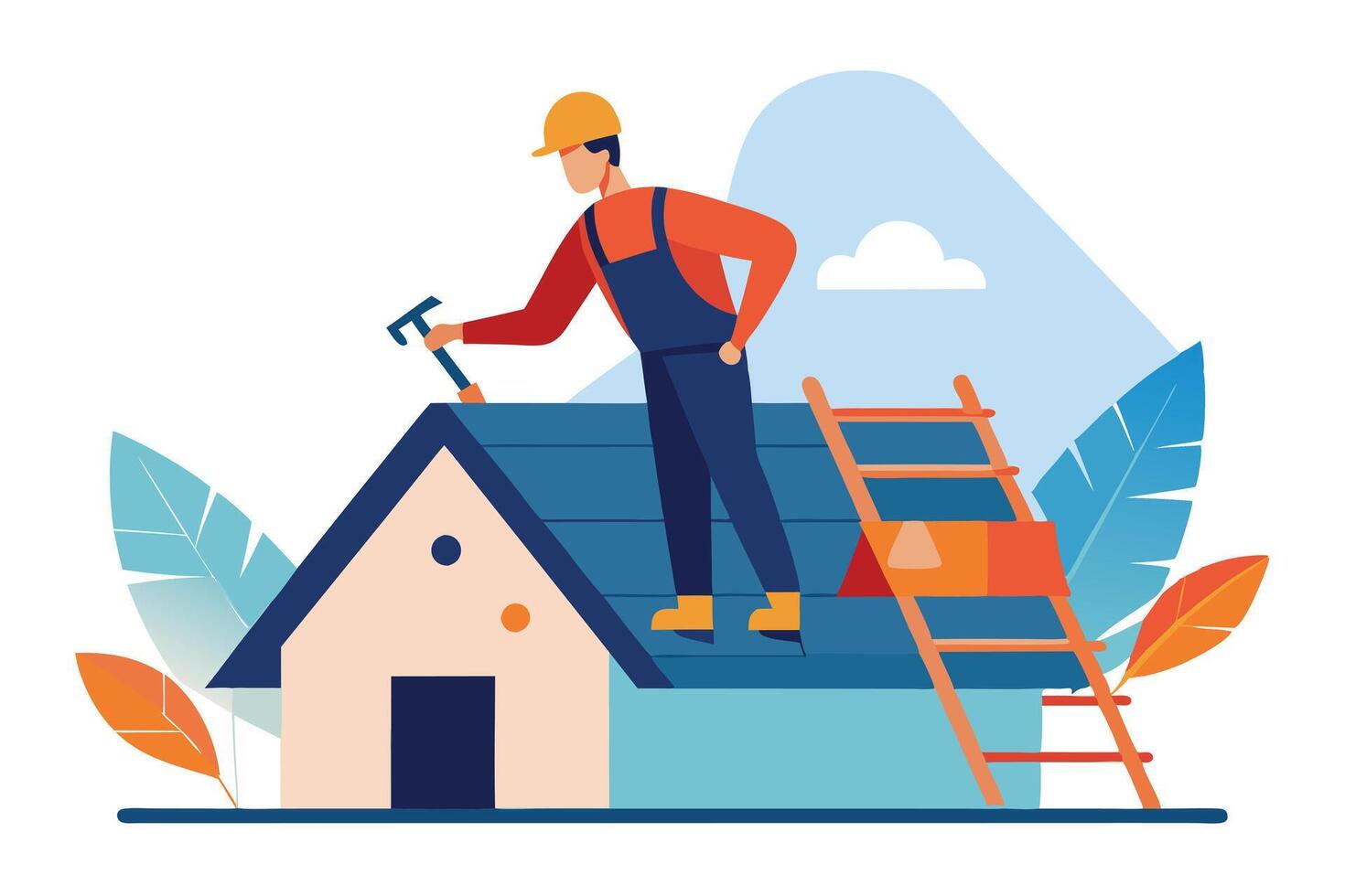 Repairman Cartoon Character with Hammer on Blue House Roof vector