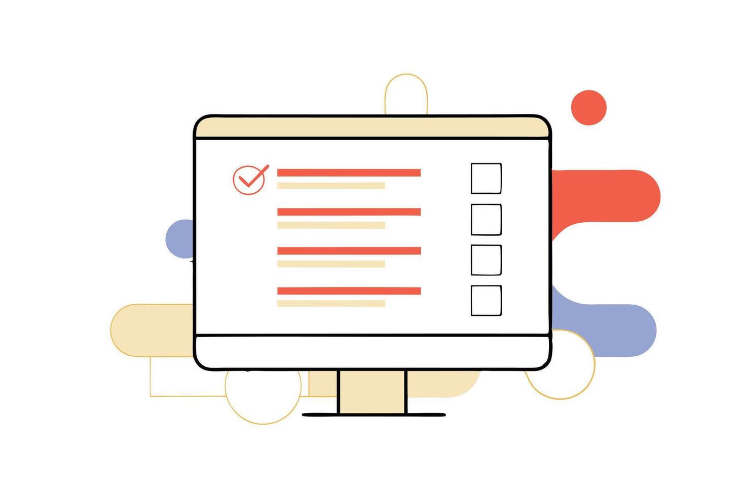 Stylish PC Monitor with Checkmark, Form, and Abstract Shapes on White Background vector