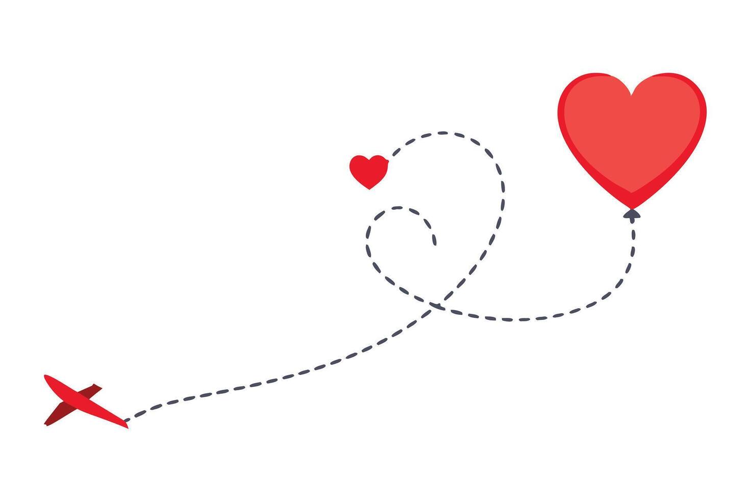Red Airplane Flying Towards a Heart Balloon with Dotted Line on White Background vector