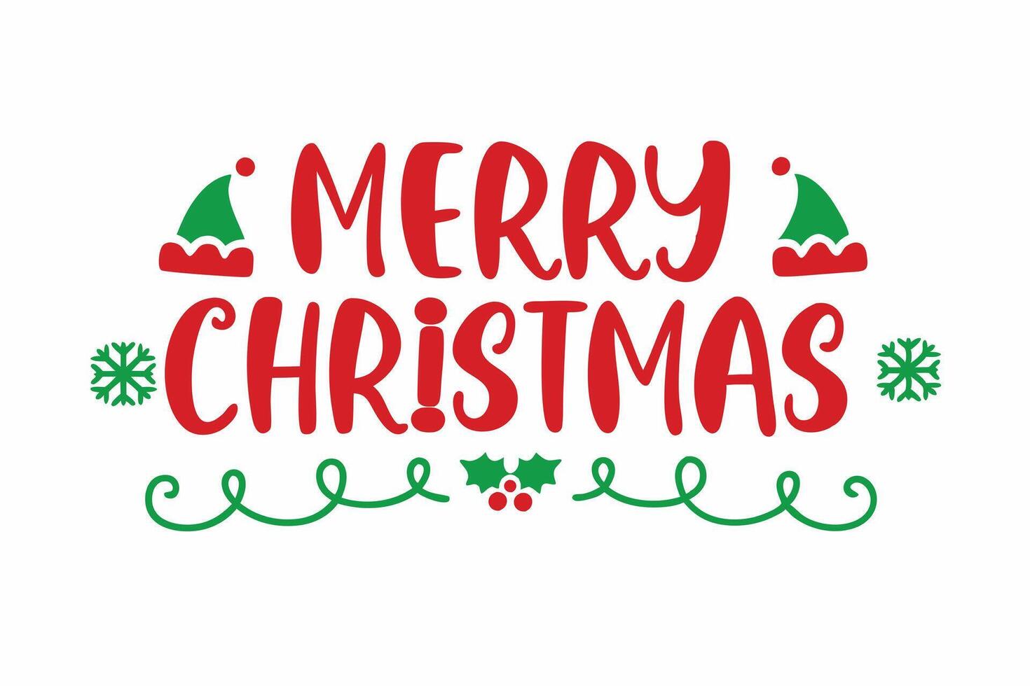 Fun Merry Christmas Lettering with Hat and Snowflake Icons on White Background vector