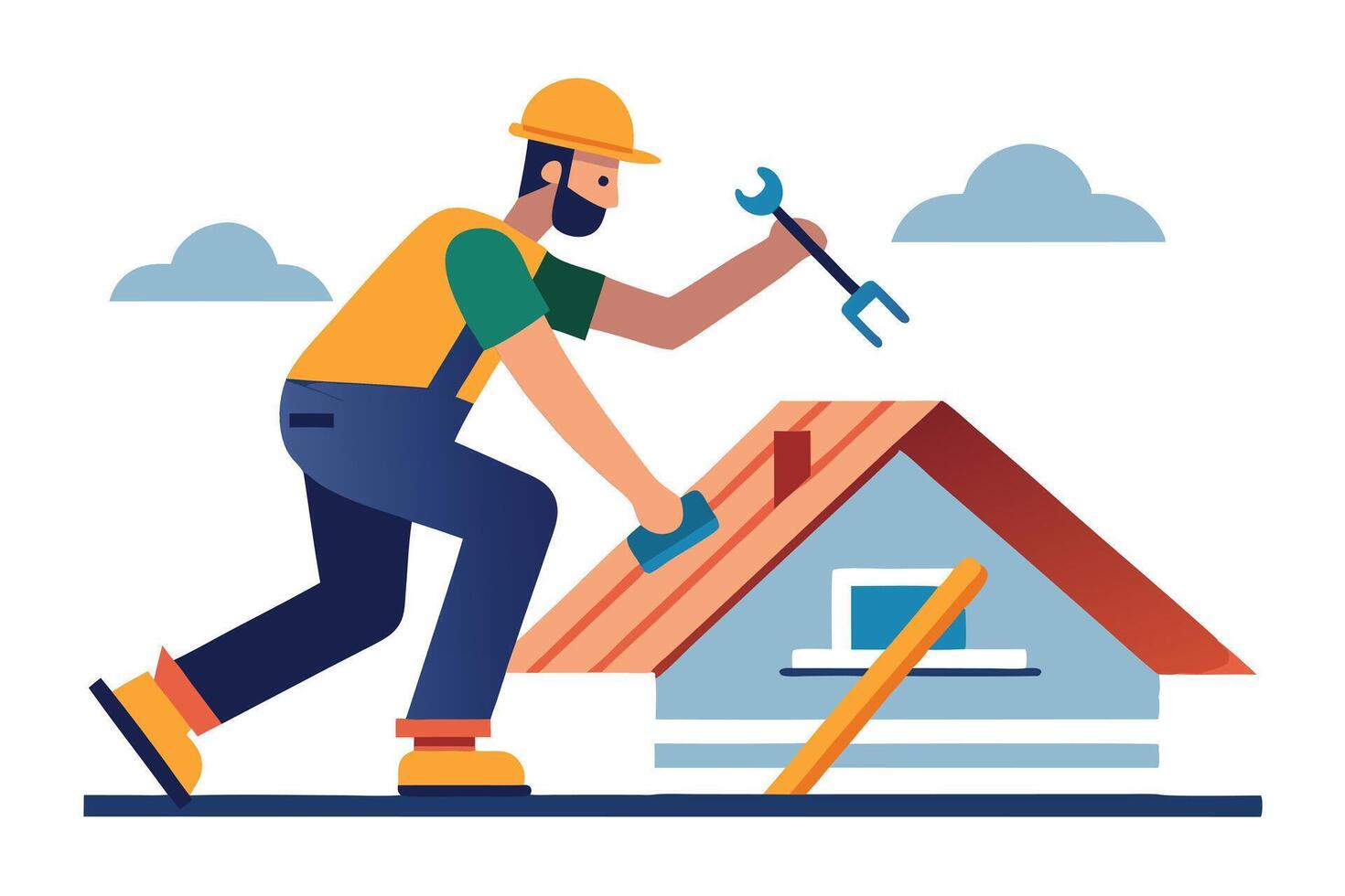 Flat of Construction Worker with Hard Hat Repairing the Roof on White vector