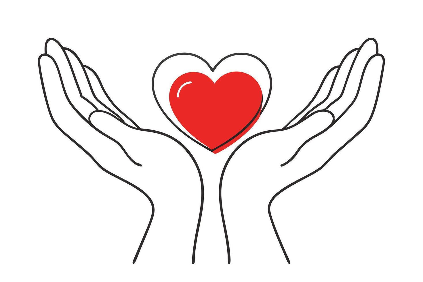 Hands Holding Red Heart Outline on White Background, Minimalist Line Art vector