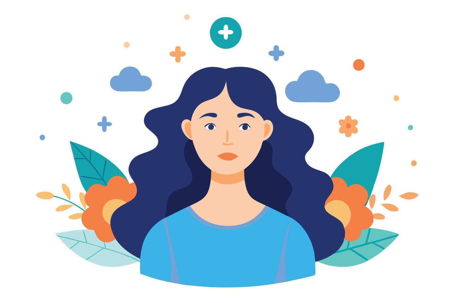Flat Portrait of Calm Woman with Flowers and Plus Signs on White vector