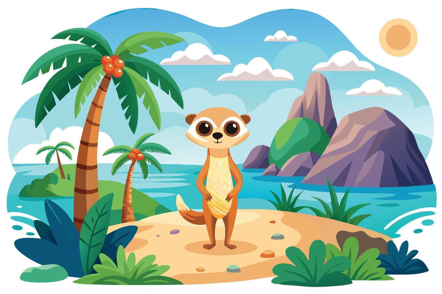 Cartoon meerkat standing on beach, palm trees, sand, landscape vector
