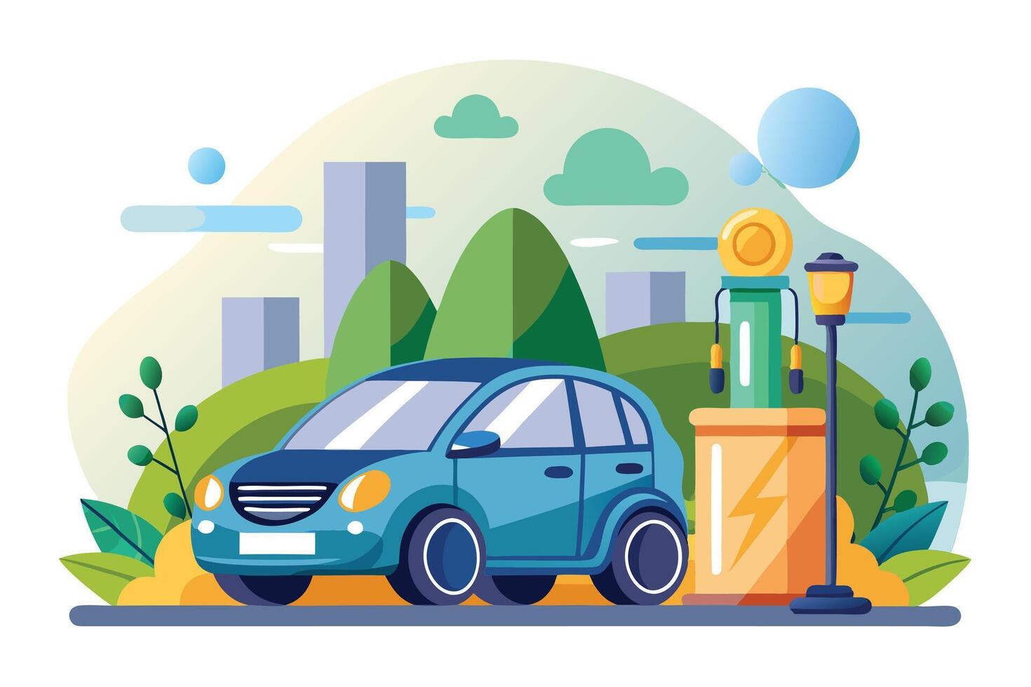 Stylized Electric Car at Charging Station with Buildings and Mountains Background vector