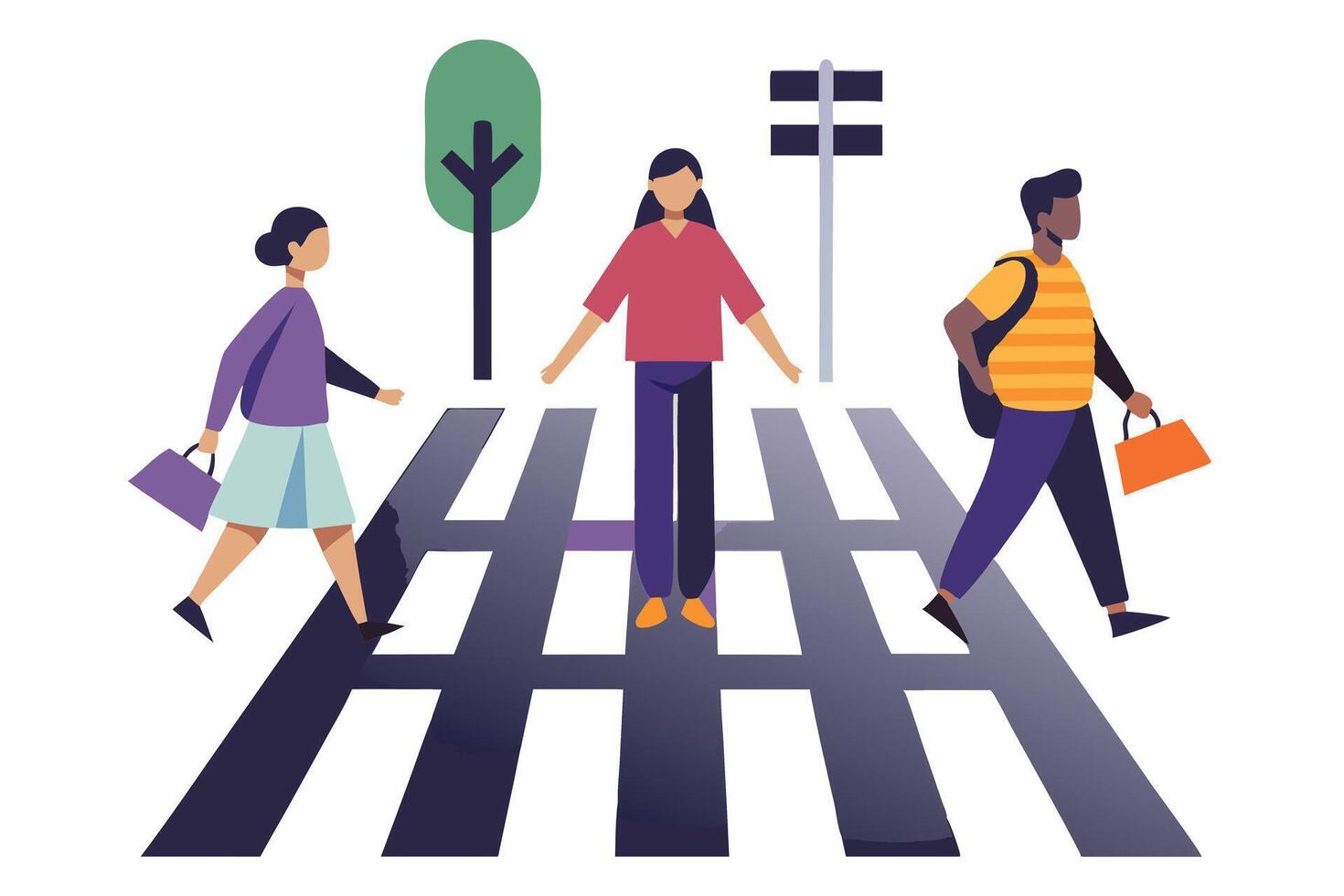 Pedestrians at Zebra Crossing, Stylized People Walking on Crosswalk with Bags, Art vector