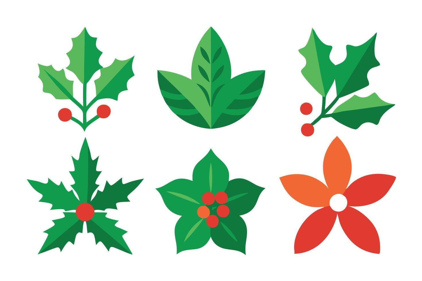 Green Holly Leaves and Orange Flower Set Isolated on Transparent Background vector