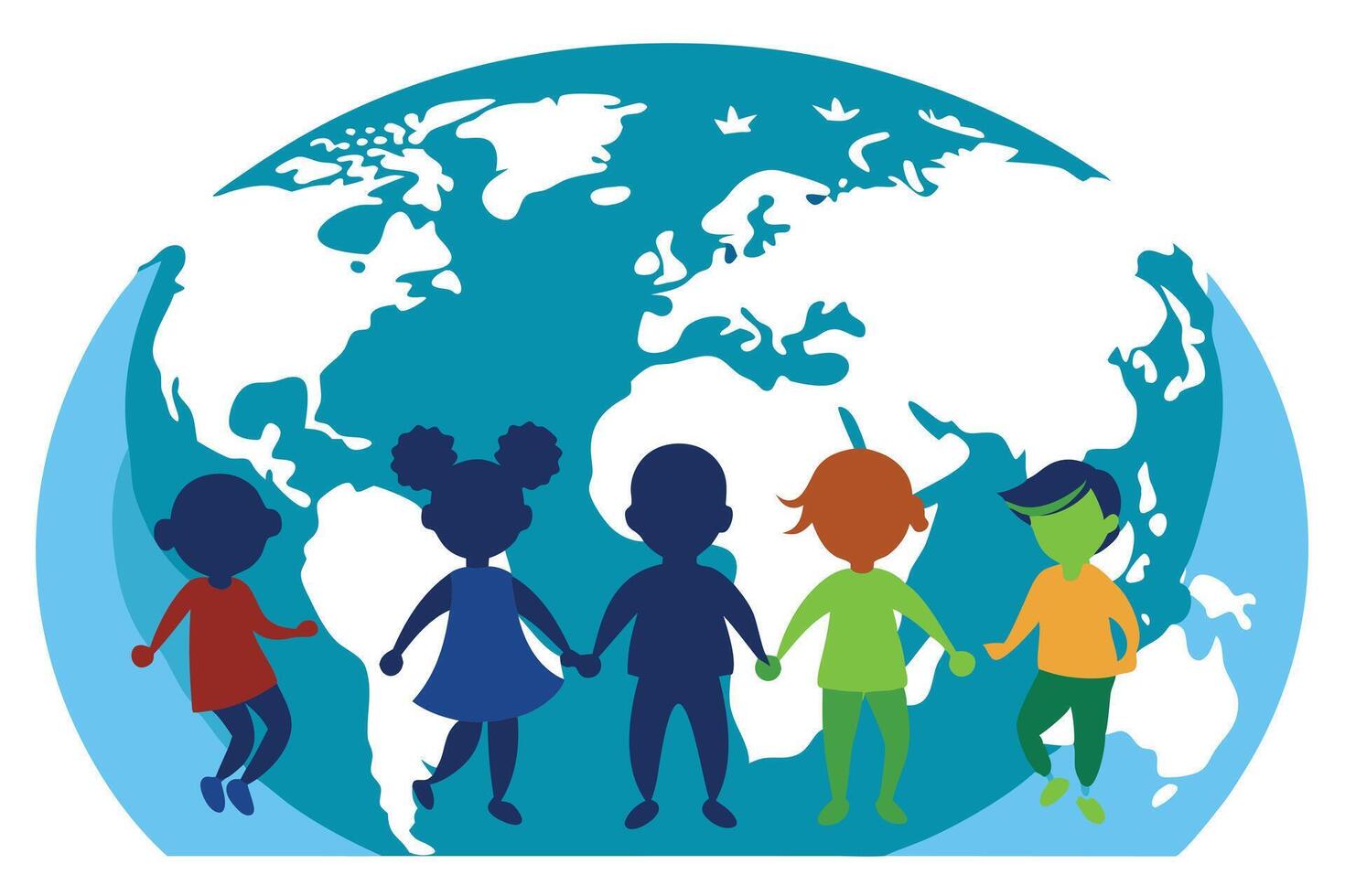 Diverse Children Holding Hands Around Globe, Silhouette Style, Unity, vector