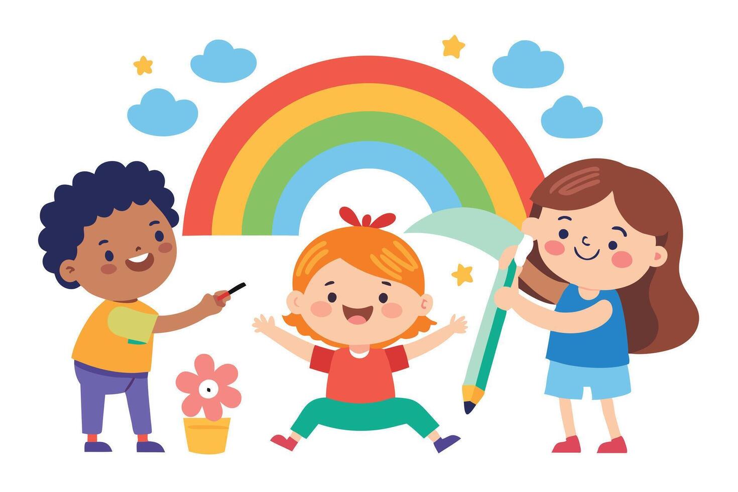 Cartoon Kids with Rainbow, Clouds, and Flower Pot on White Background, Cute Smiling Art vector