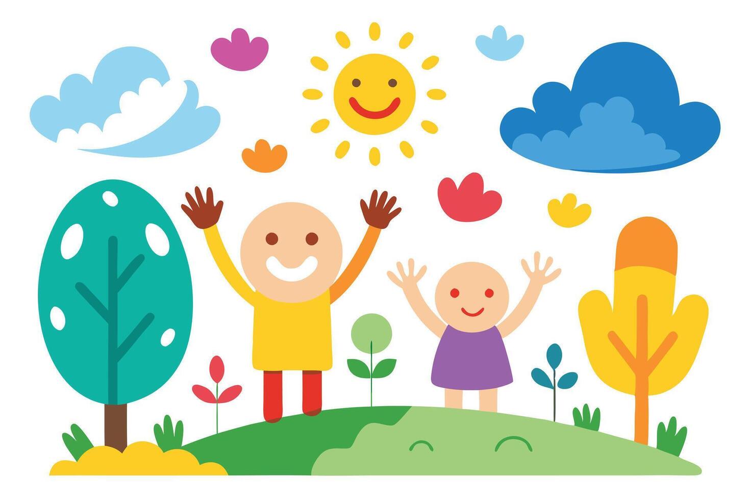 Happy Cartoon Kids with Raised Arms on Hill with Colorful Flowers, Sun and Clouds vector