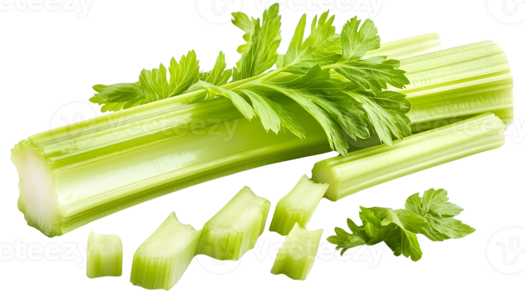 Fresh Celery Stalks and Leaves Chopped and Whole Healthy Vegetable Food Photography png