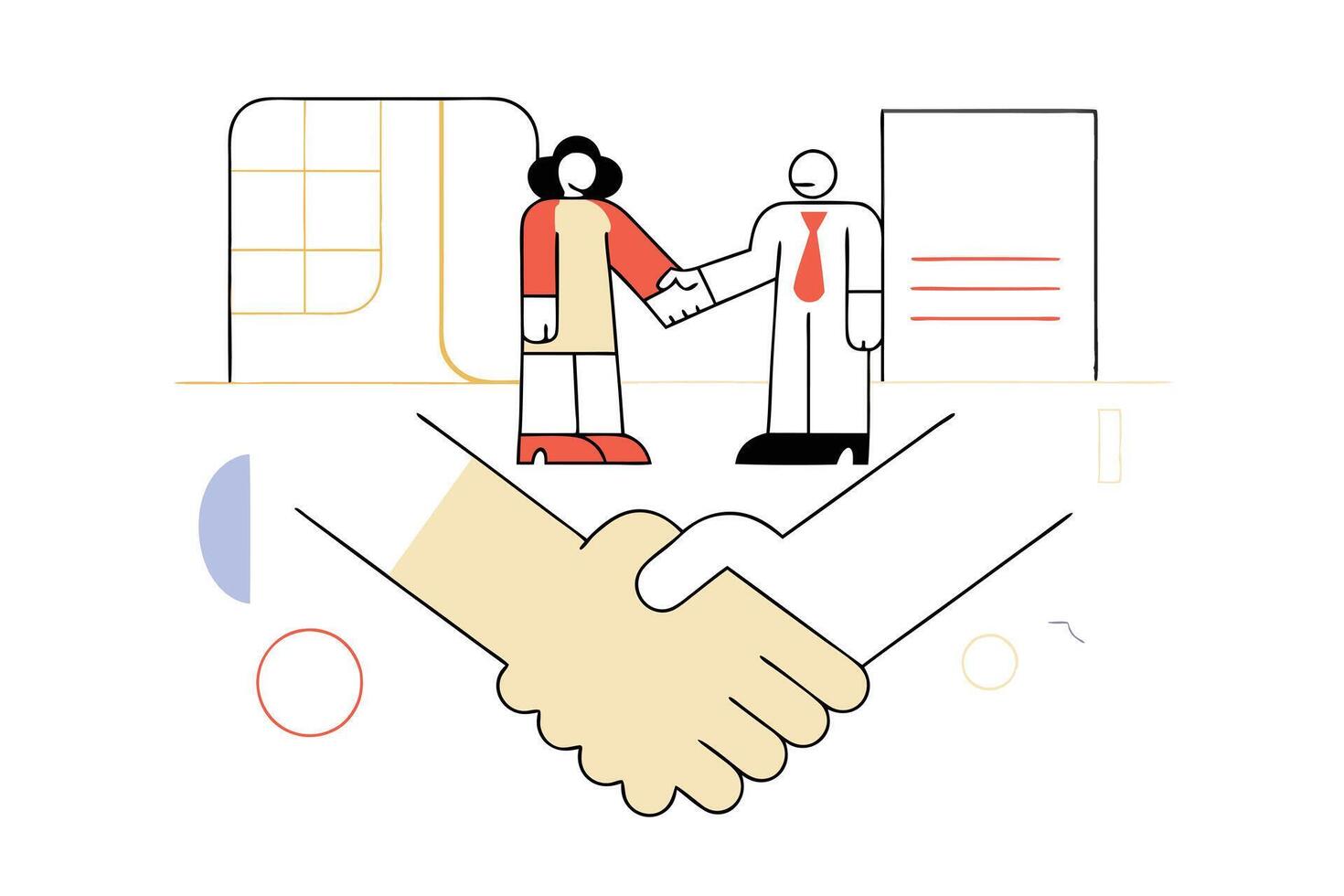 Creative Design of Woman, Man, and Handshake Meeting on White Background vector
