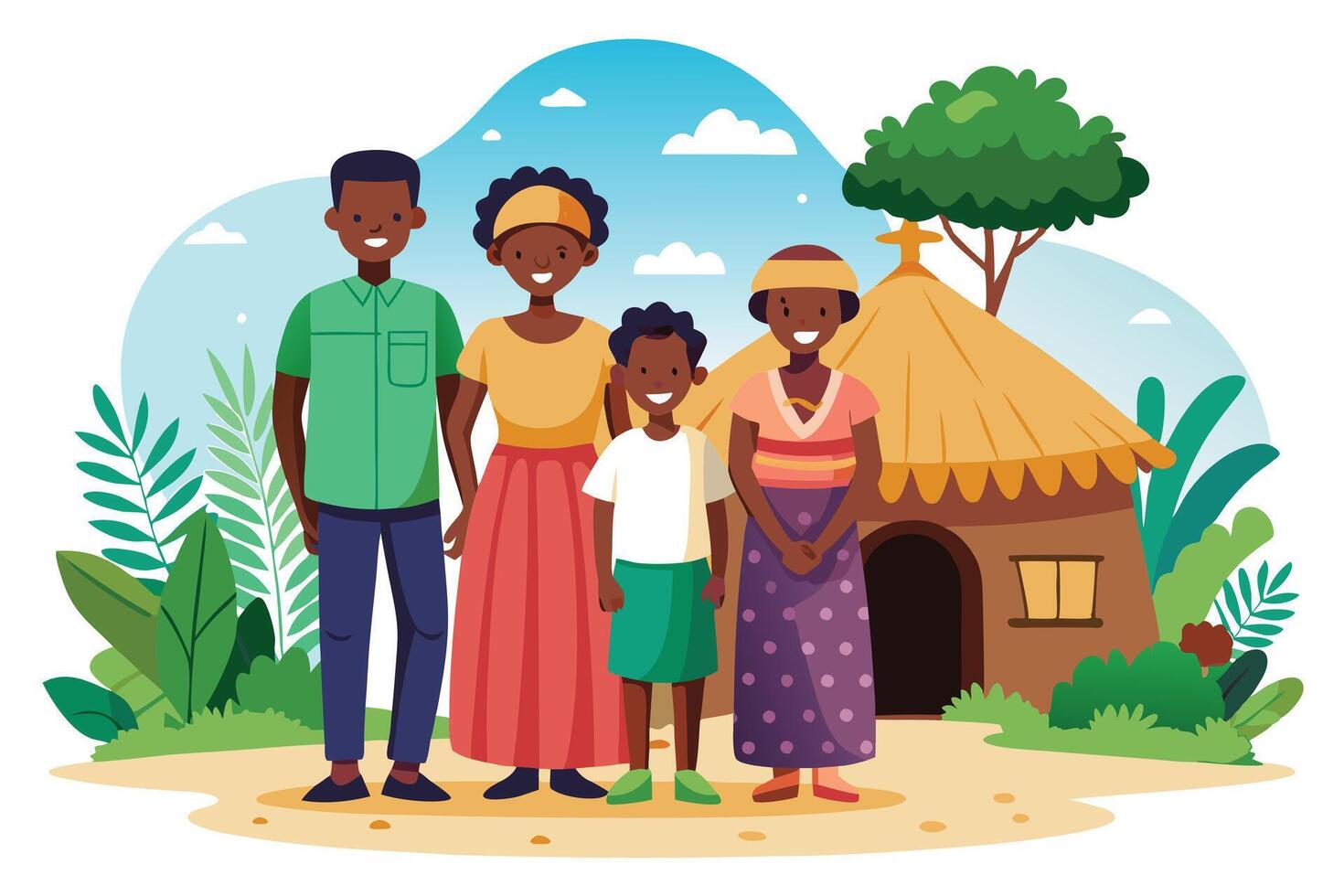 Happy African Family Standing Near Traditional Hut with Plants and Blue Sky vector