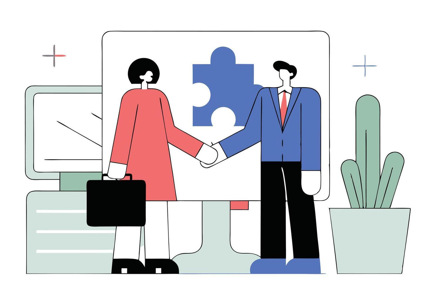 Cartoon Business People Shaking Hands with Jigsaw Puzzle on Whiteboard vector