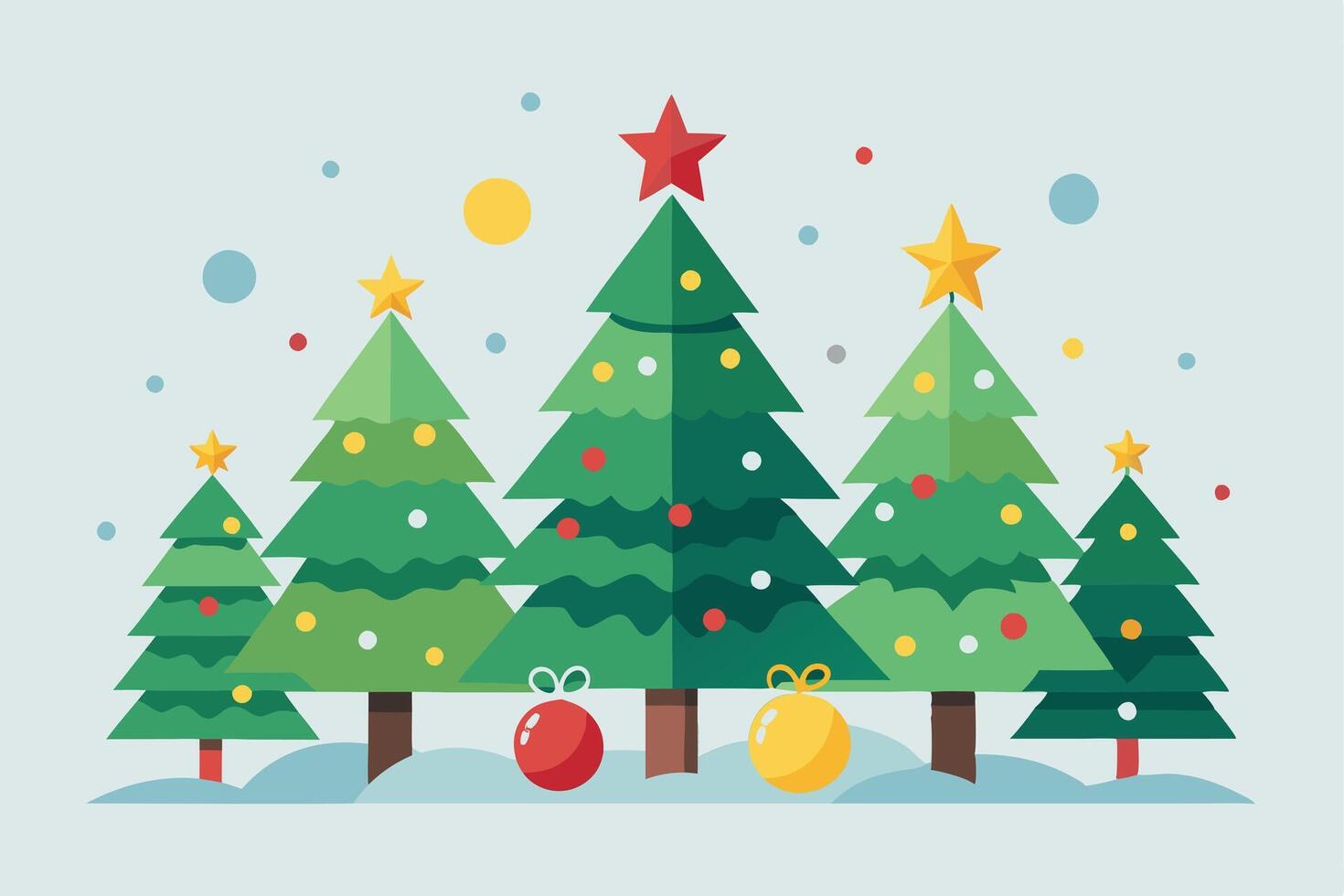 Festive Flat Christmas Trees with Star Toppers and Ornaments on Light Blue Background vector