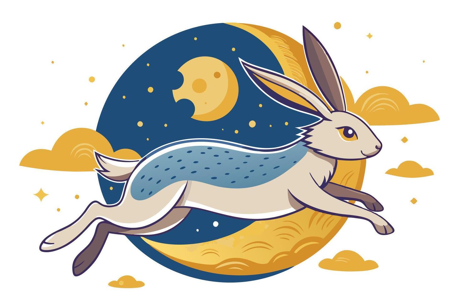 Cartoon Hare Leaping Across Moon and Night Sky with Clouds, Flat vector