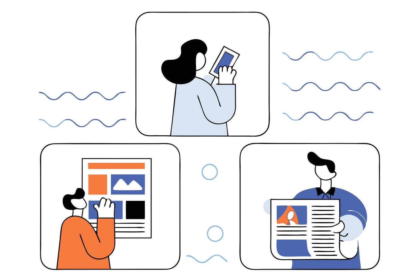 People with Tablet, Layout and Newspaper in White Background Isolated vector