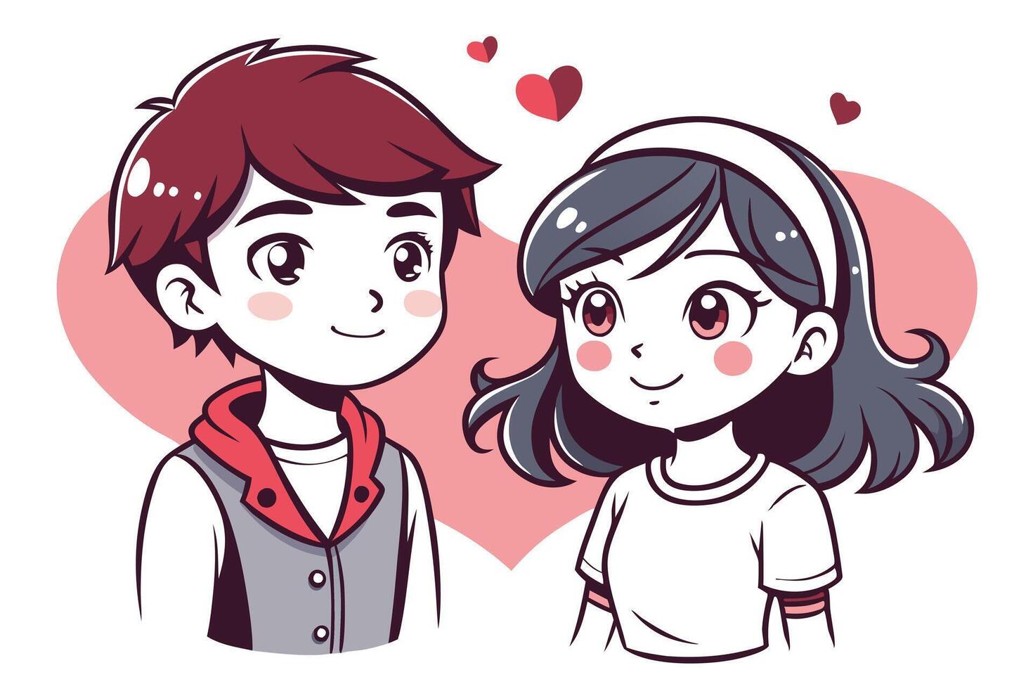 Cute Anime Couple Cartoon with Heart Background and White Backdrop vector