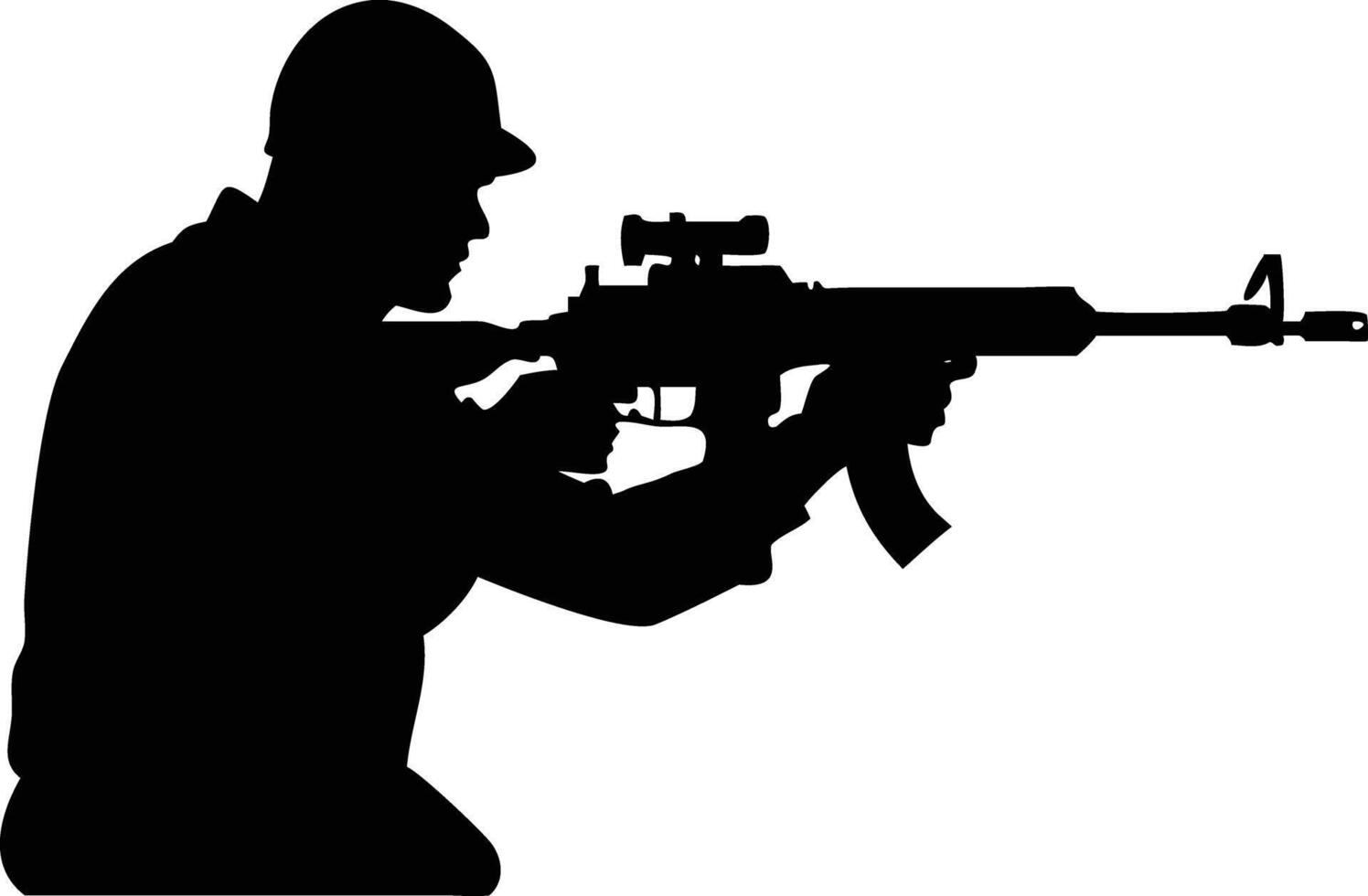 Military Silhouette of Soldier Aiming Rifle with Helmet on Transparent Background vector