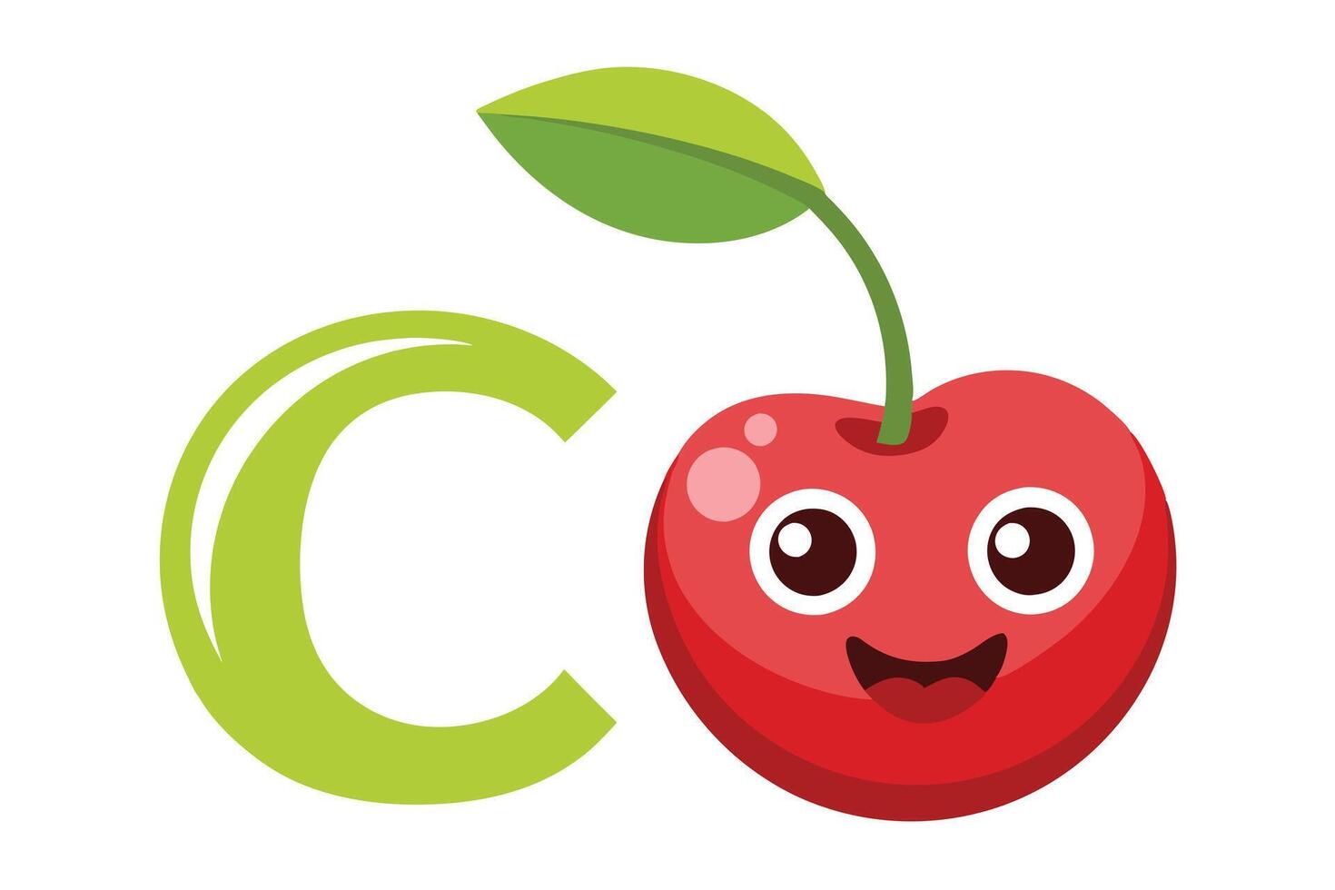 C Letter Green with Cute Cartoon Red Cherry Fruit Character with Smiling Face vector