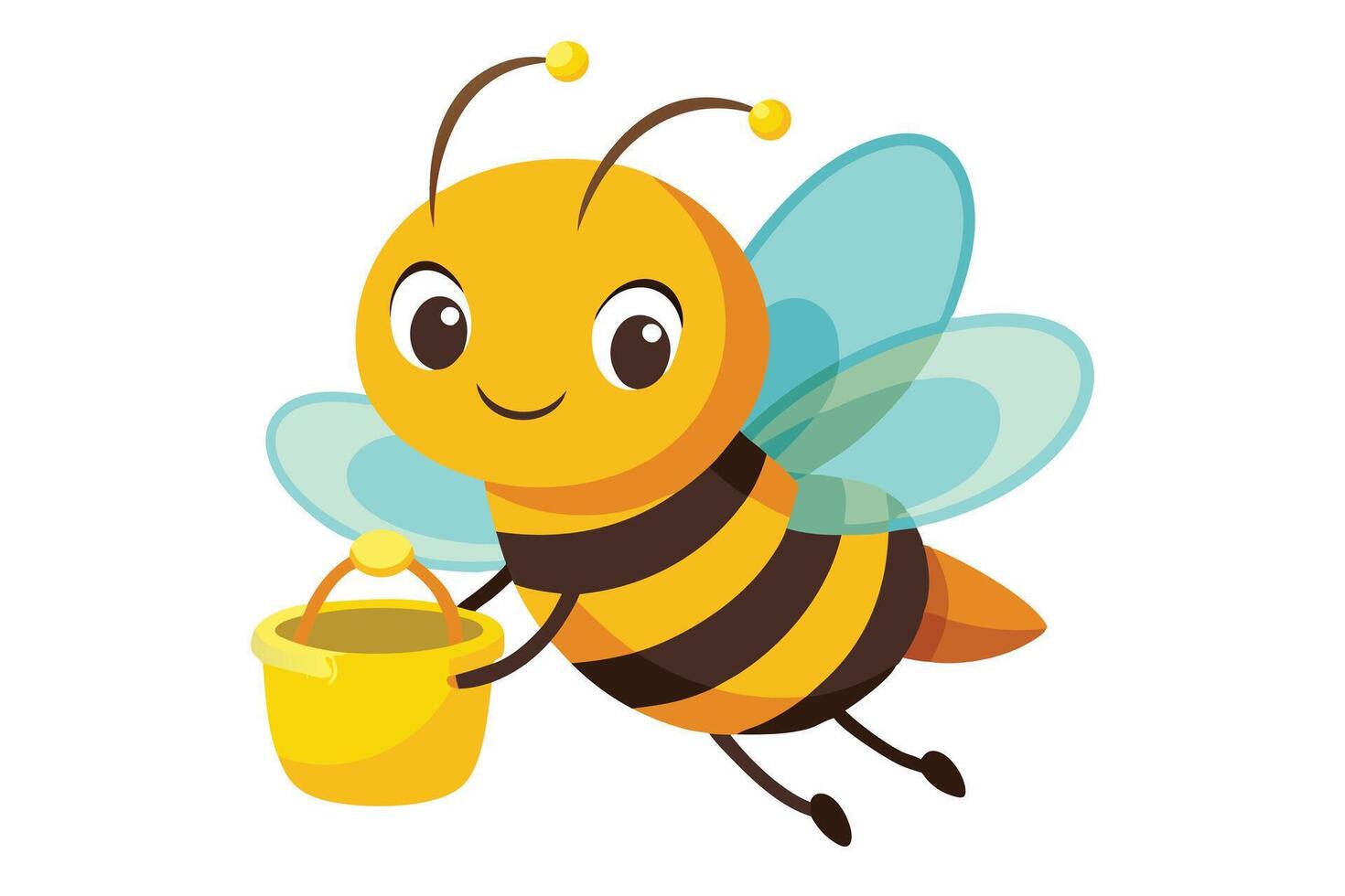 Cheerful Cartoon Bee Flying with Yellow Bucket on White Background Design vector