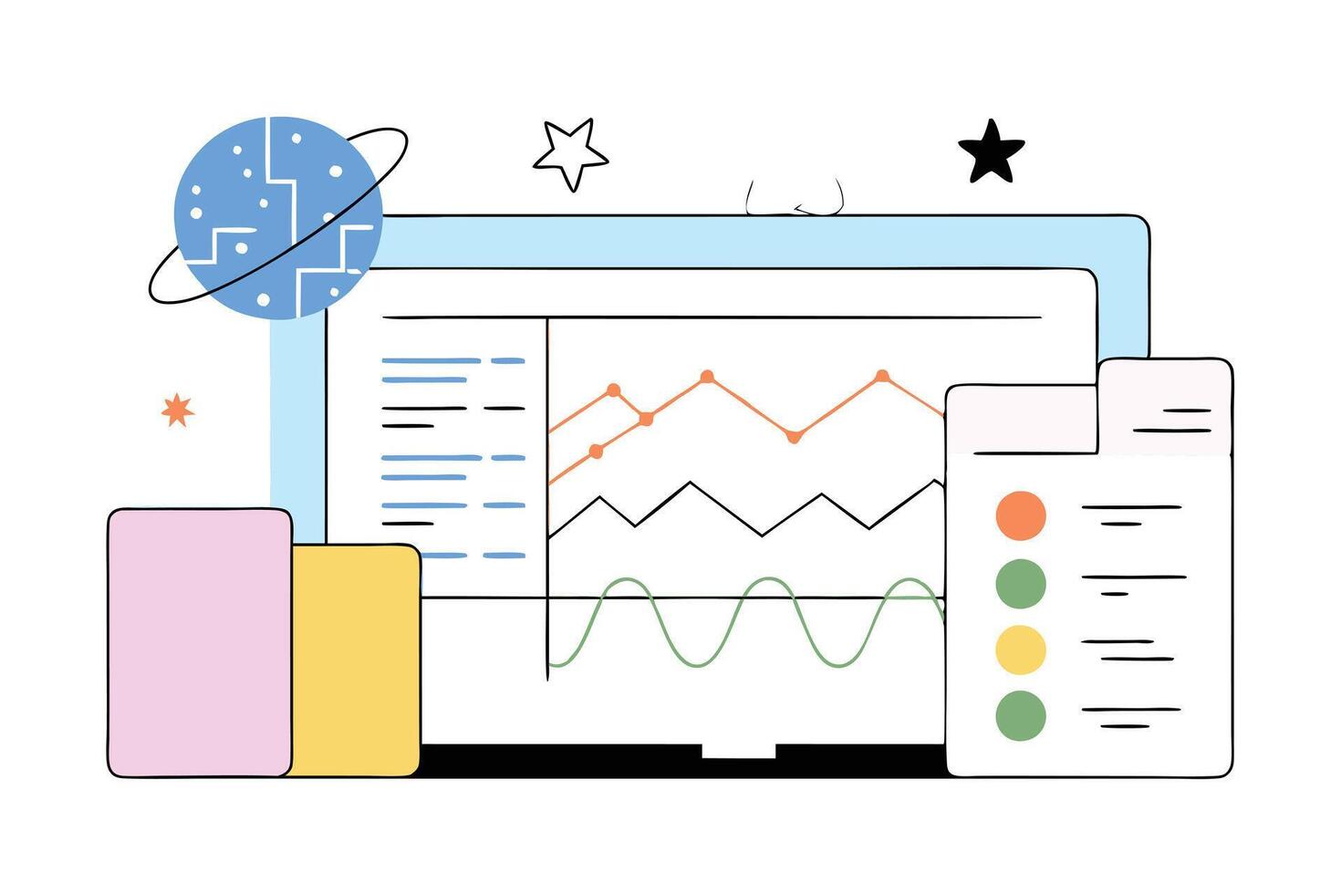 Cartoon Graph Design with Planet, Star, and Data on White Background vector