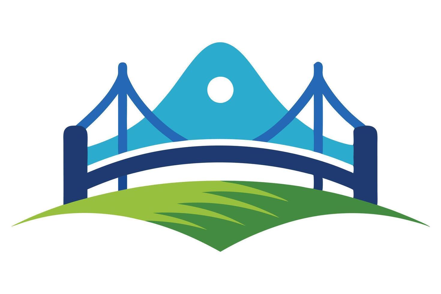 Modern Arch Bridge Above Green Land, Sky and Sun Symbol in Blue Tones on White Design vector