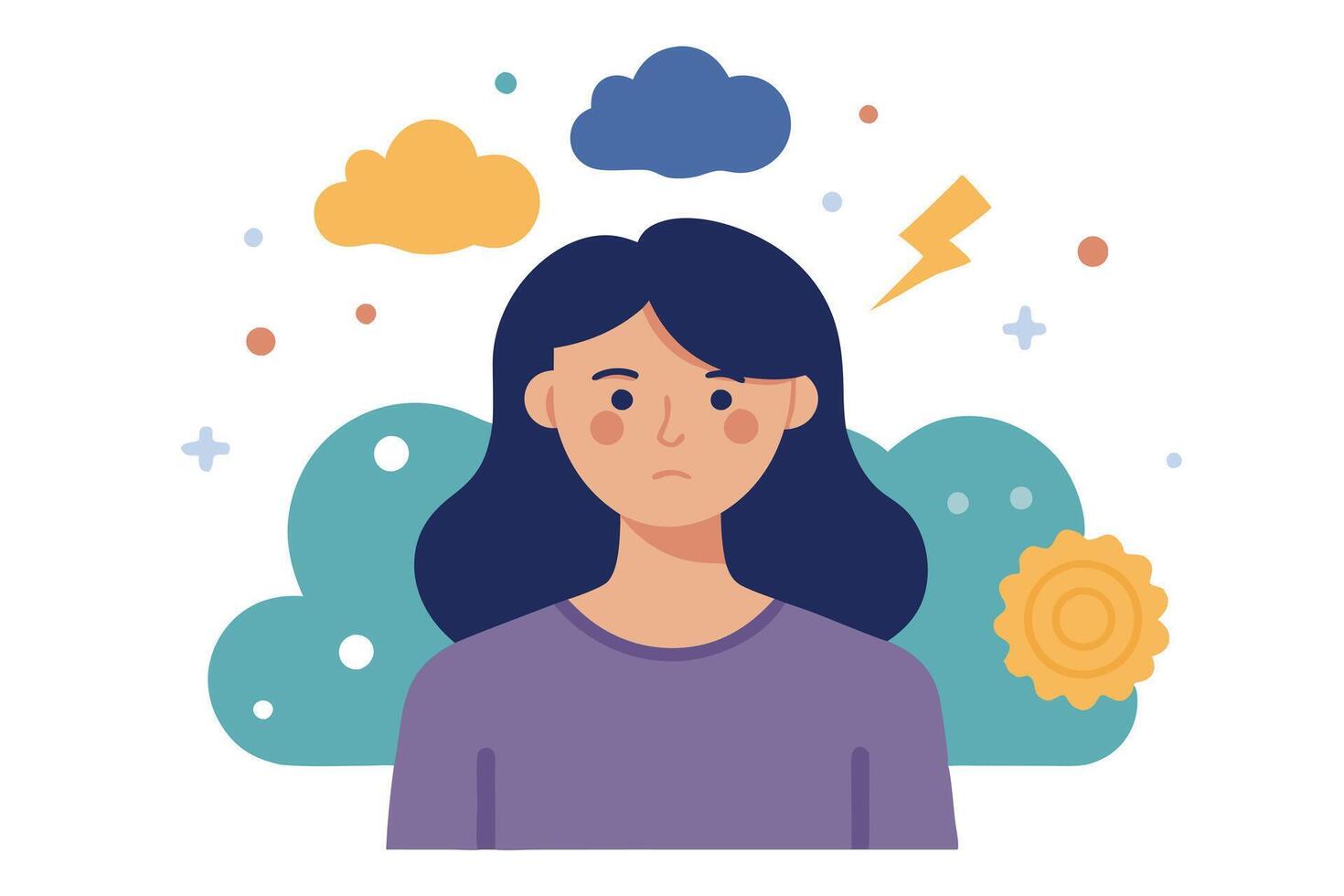 Flat Portrait of Stressed Brunette Woman with Clouds and Thunder vector