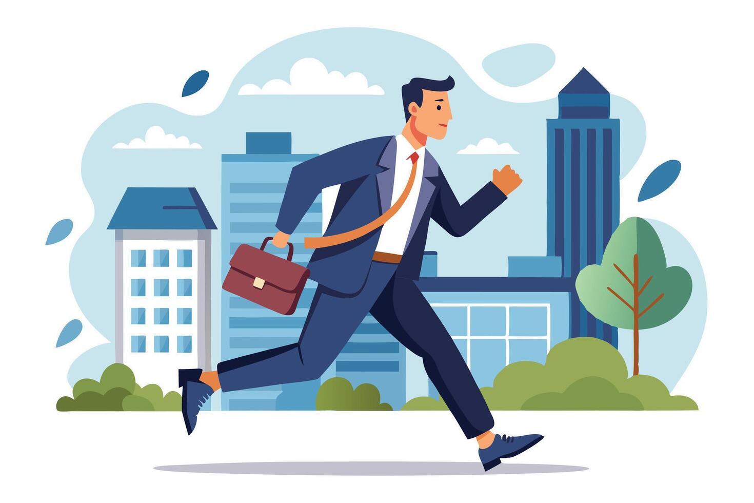 Businessman Running with Briefcase in Cityscape, Rush Hour, Late For Work, Flat vector