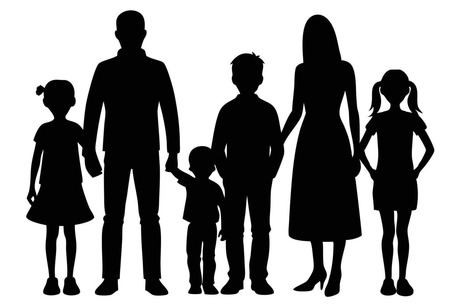 Black silhouette family portrait, parents with children, transparent background vector