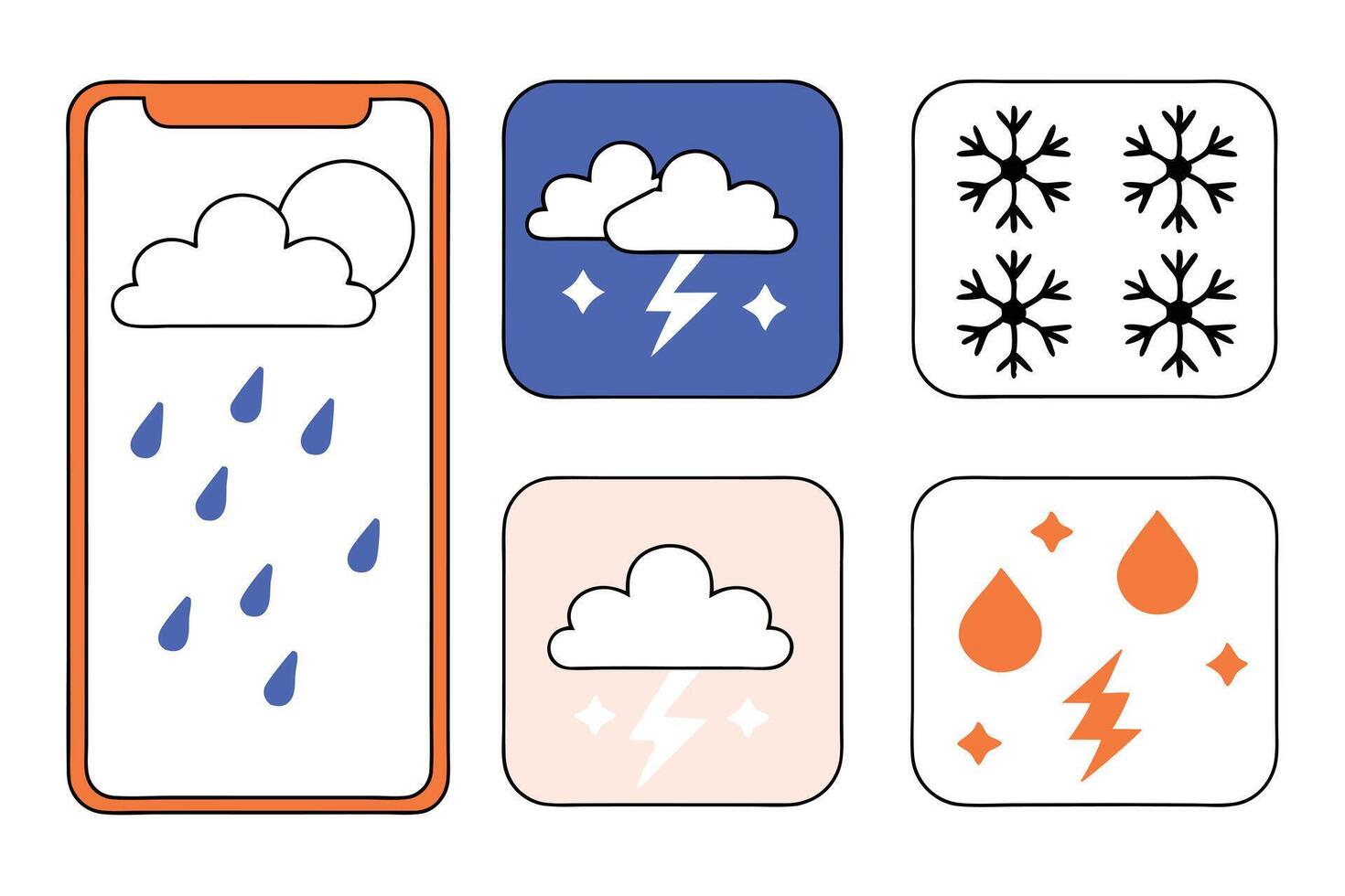 Weather Forecast Icons with Rainfall, Clouds, Lightning, and Snowflakes vector