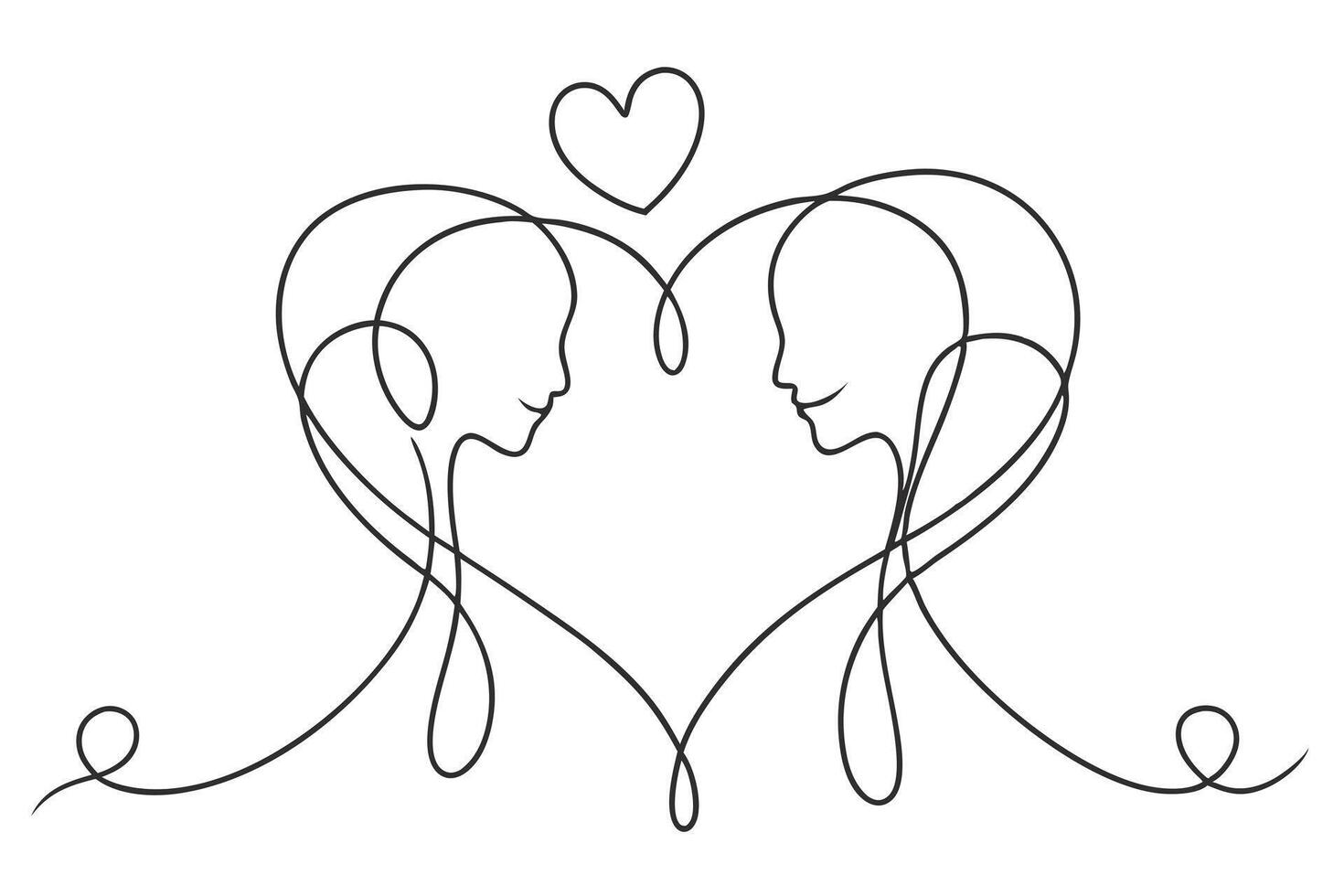 Abstract Couple Faces Silhouette in Single Line Art Style with Heart Design vector