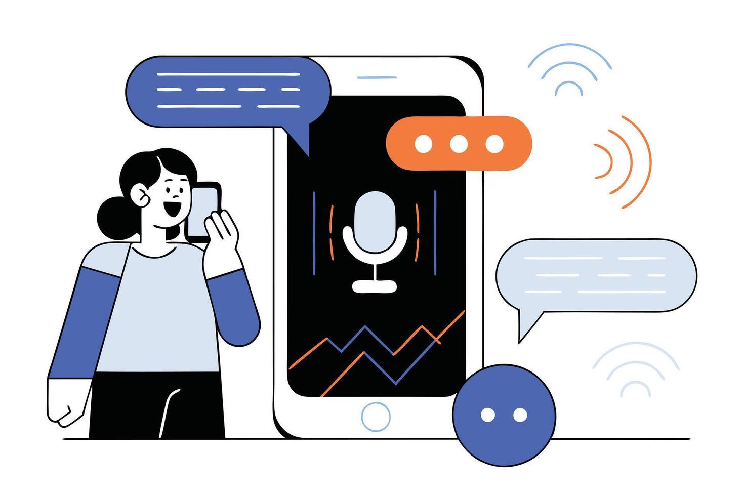 Woman Talking on Phone with Speech Bubbles and Microphone on Device Screen vector