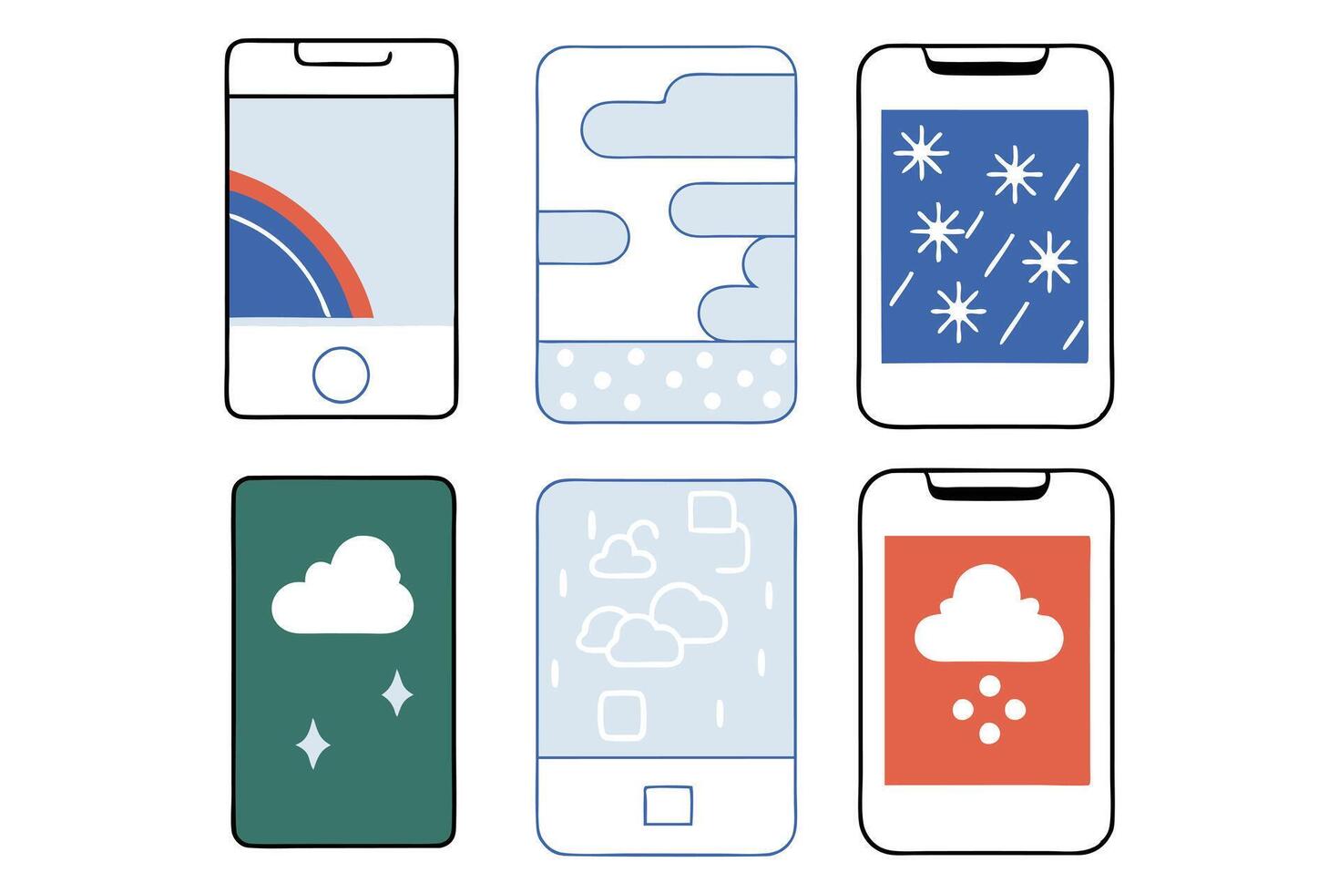 Weather Icons Collection on Mobile Phones with Rainbow Cloud Snow and Rain Designs vector