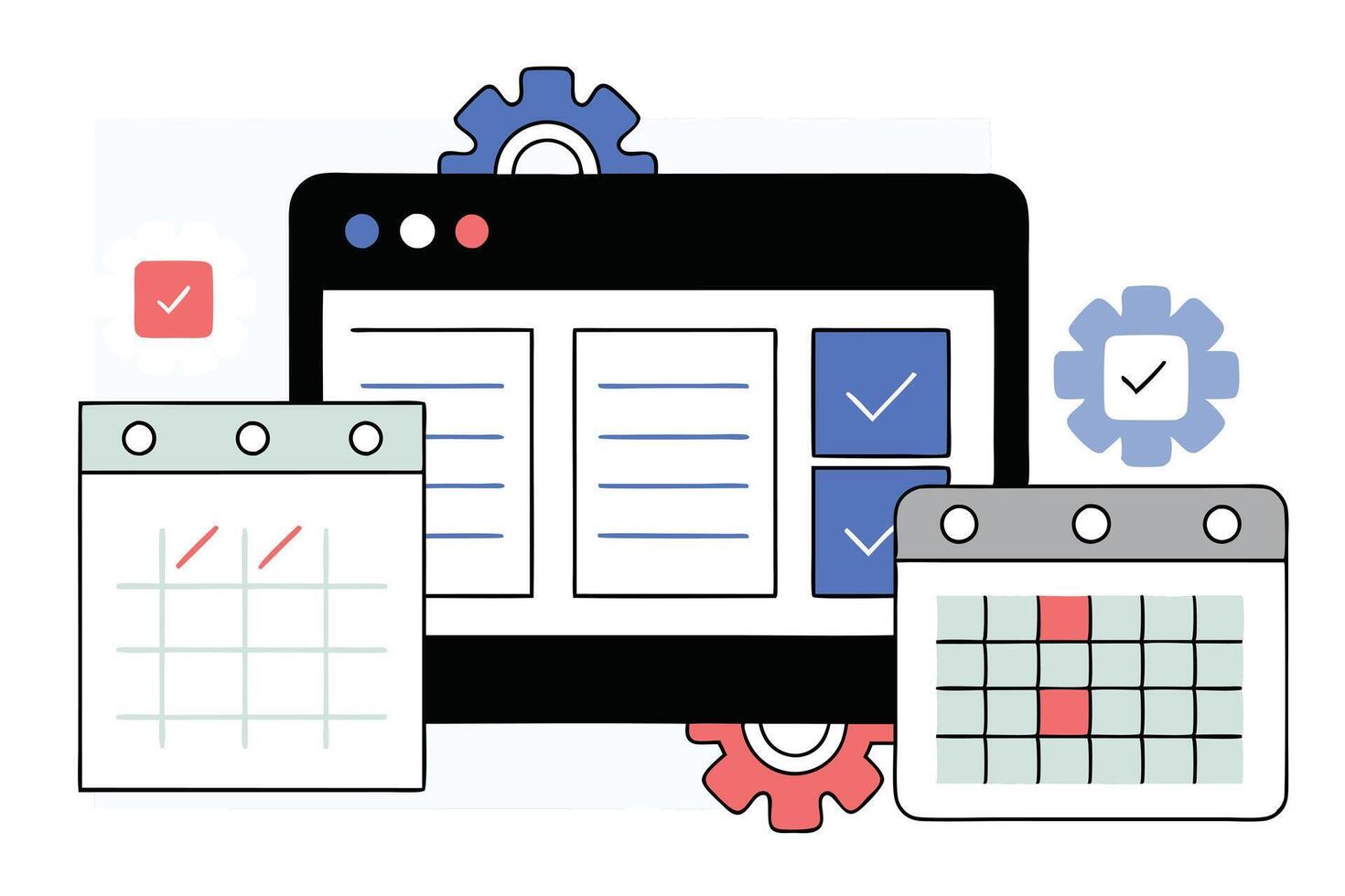 Scheduling App Interface with Calendar, Browser Window, Gears and Checkmarks Design vector